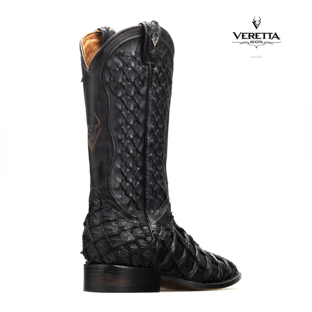 Brio Negro | Bota Vaquera Exótica de Piel de Pirarucu Veretta para Hombre