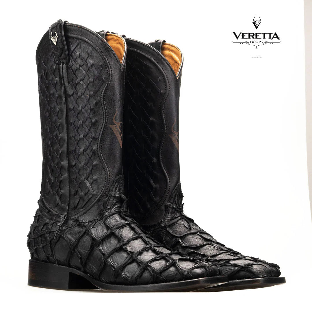 Brio Negro | Bota Vaquera Exótica de Piel de Pirarucu Veretta para Hombre