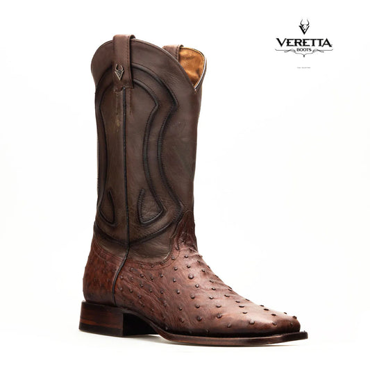 Bravo Café | Bota Vaquera Exótica de Piel de Avestruz Veretta para Hombre