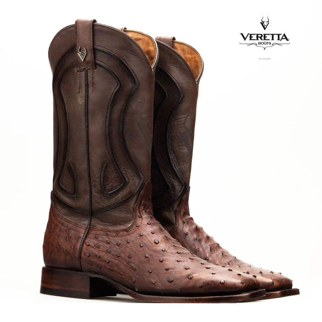Bravo Café | Bota Vaquera Exótica de Piel de Avestruz Veretta para Hombre