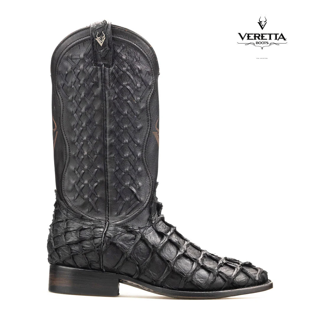 Brio Negro | Bota Vaquera Exótica de Piel de Pirarucu Veretta para Hombre
