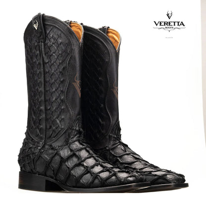 Brio Negro | Bota Vaquera Exótica de Piel de Pirarucu Veretta para Hombre