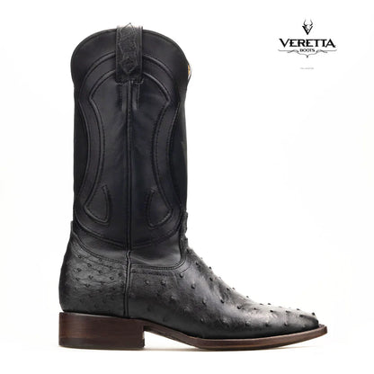 Bravo Negro | Bota Vaquera Exótica de Piel de Avestruz Veretta para Hombre