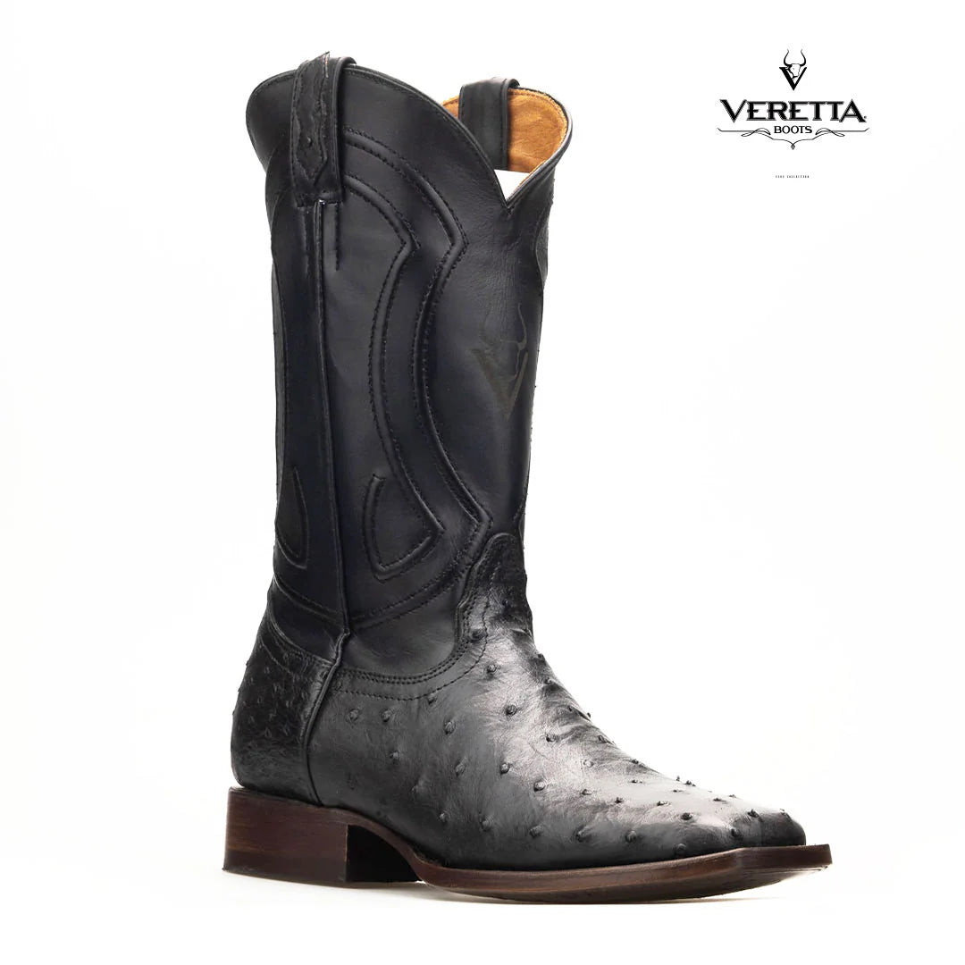 Bravo Negro | Bota Vaquera Exótica de Piel de Avestruz Veretta para Hombre