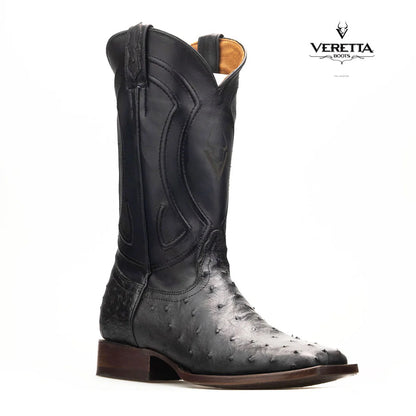 Bravo Negro | Bota Vaquera Exótica de Piel de Avestruz Veretta para Hombre