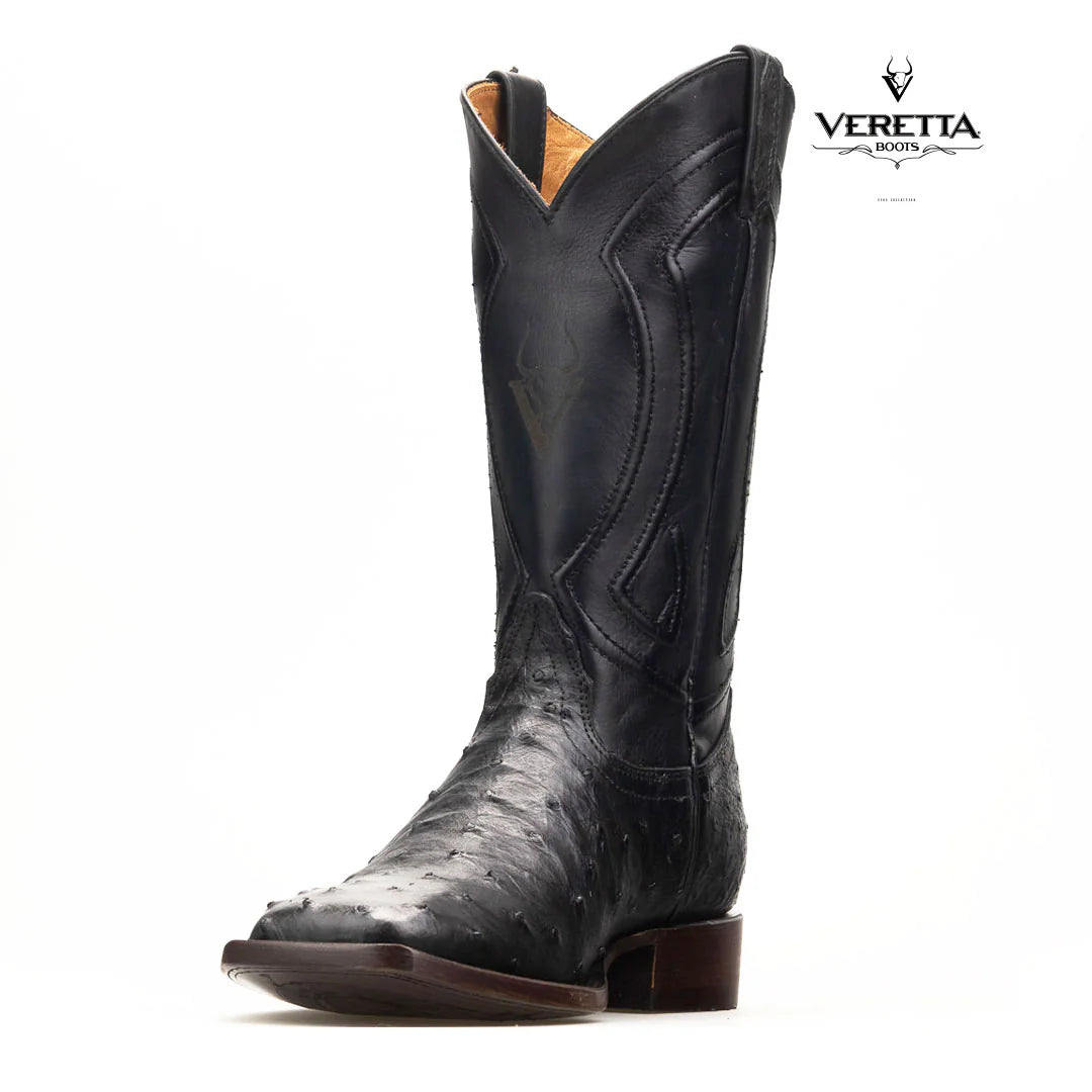 Bravo Negro | Bota Vaquera Exótica de Piel de Avestruz Veretta para Hombre