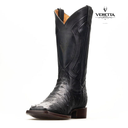 Bravo Negro | Bota Vaquera Exótica de Piel de Avestruz Veretta para Hombre