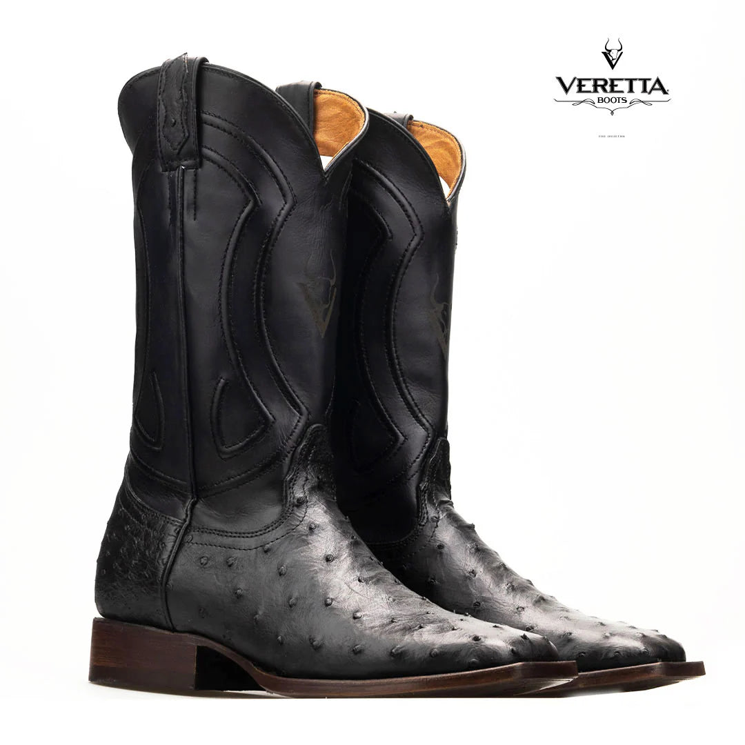 Bravo Negro | Bota Vaquera Exótica de Piel de Avestruz Veretta para Hombre
