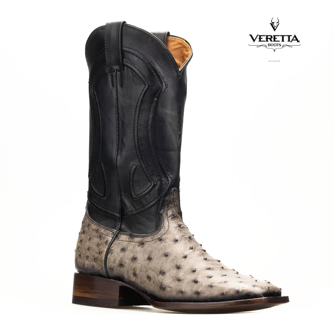 Bravo Gris | Bota Vaquera Exótica de Piel de Avestruz Veretta para Hombre