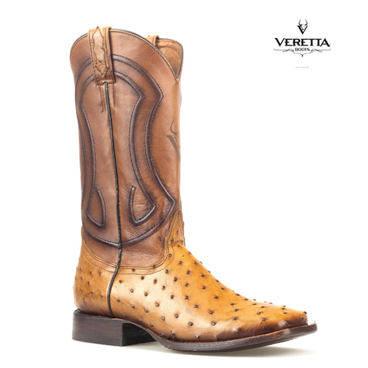 Bravo Camel | Bota Vaquera Exótica de Piel de Avestruz Veretta para Hombre